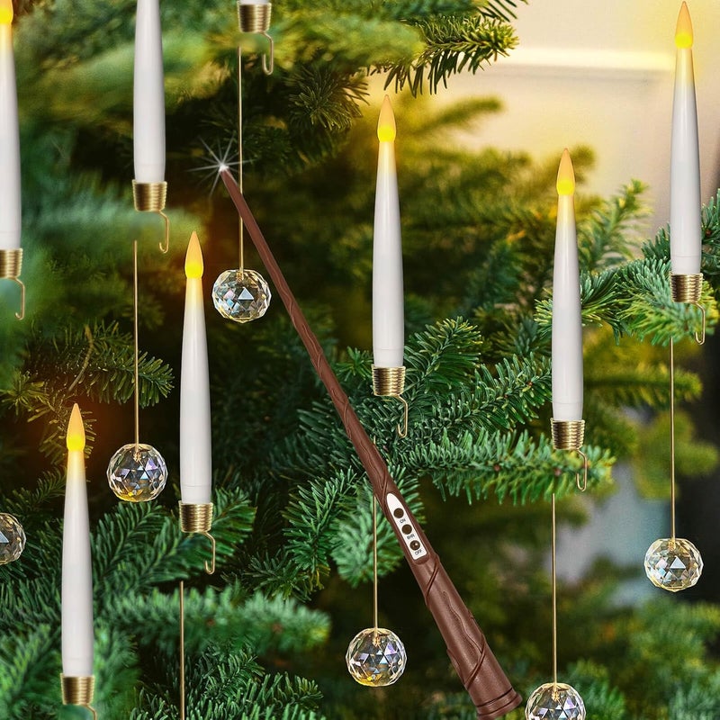 Leejec Christmas Tree Candles with Wand Remote, 10 Pack Battery Operated Flameless Taper Window Candle, Flickering Warm Light, Xmas Tree Decorations with Crystal Ball Hook, Wedding Home Gift - Image 1